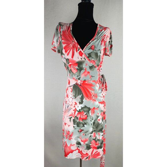 Maggy London Wrap Dress Womens 8p Vibrant orange and gray Floral Fairycore - Picture 1 of 8